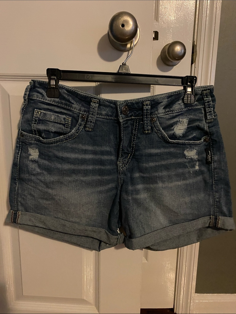 Silver Jeans Distressed Dark Blue Roll-Cuff Denim Shorts